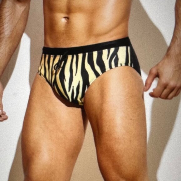 Brand New Men Random Zebra Striped Drawstring Waist Swim Brief L/40 - Picture 2 of 4